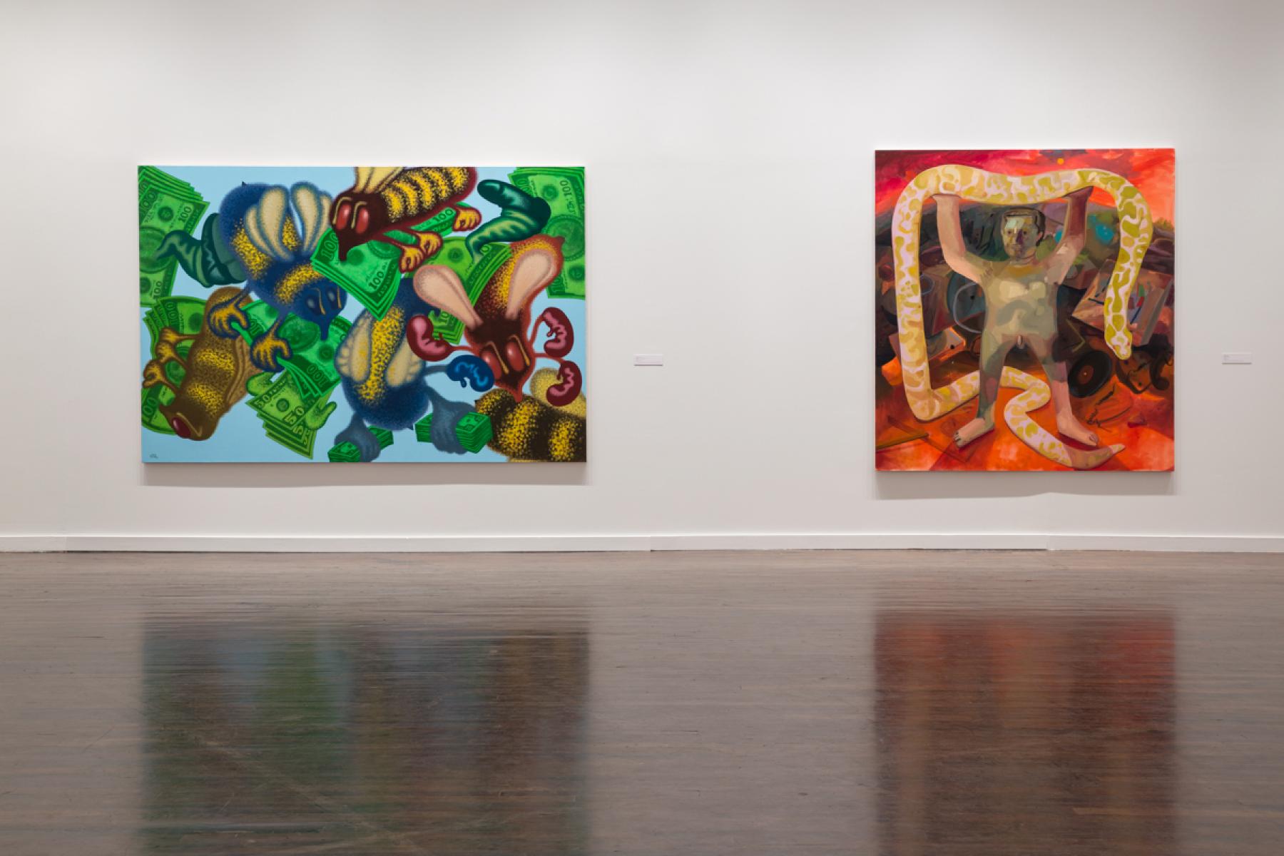 Installation view, North Gallery, featuring work by Peter Saul (on left) and Dana Schutz (on right), Photography © Fredrik Nilsen