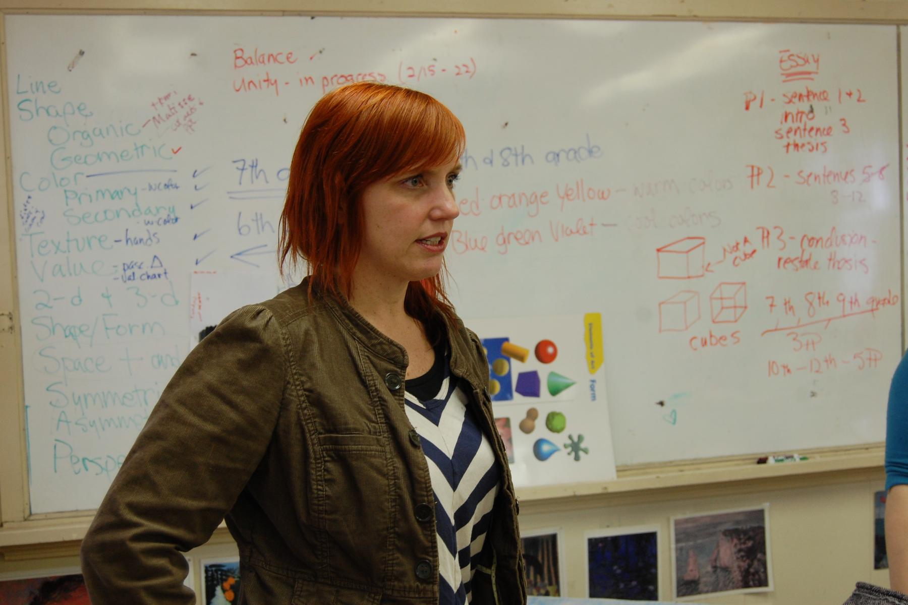 Artist Jennifer Dalton discussing a career in art at Marfa Senior High. Photo by Jessica Brassler.