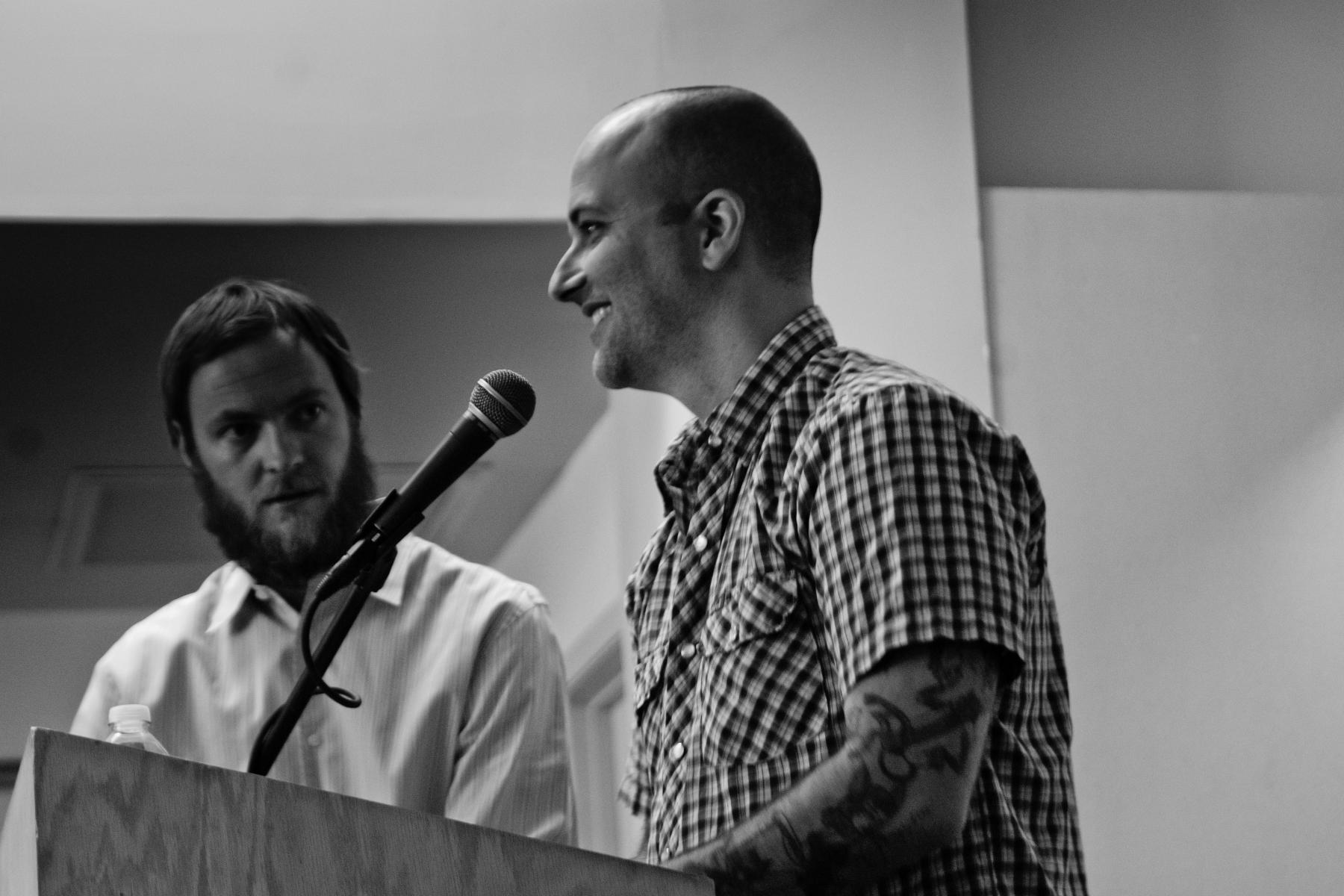 Tim Johnson of the Marfa Book Company and The World According to New Orleans artist Dan Tague at the Marfa Book Company. Photo by Lacey Jones.