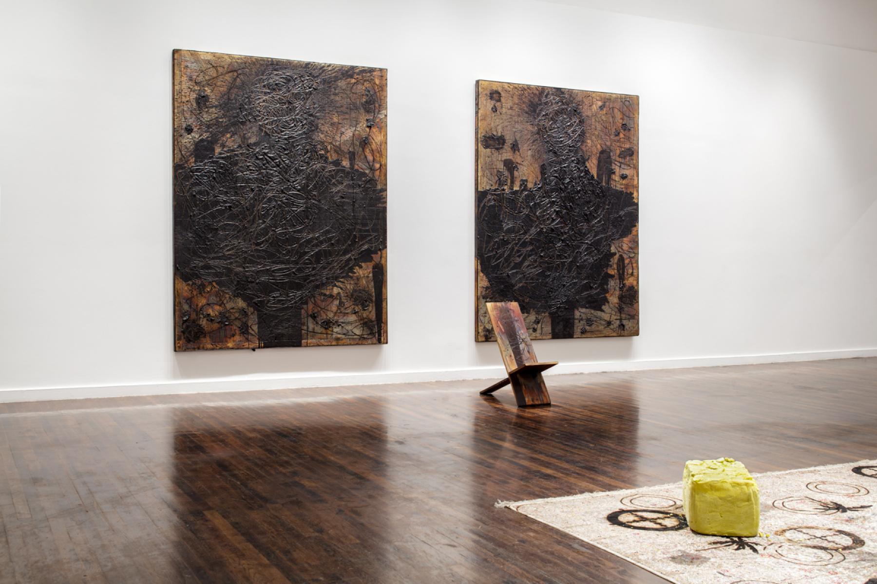 Installation view, North Gallery with Drenched (left) and Phoenix Bird (right) New Growth Rashid Johnson Photography © Fredrik Nilsen