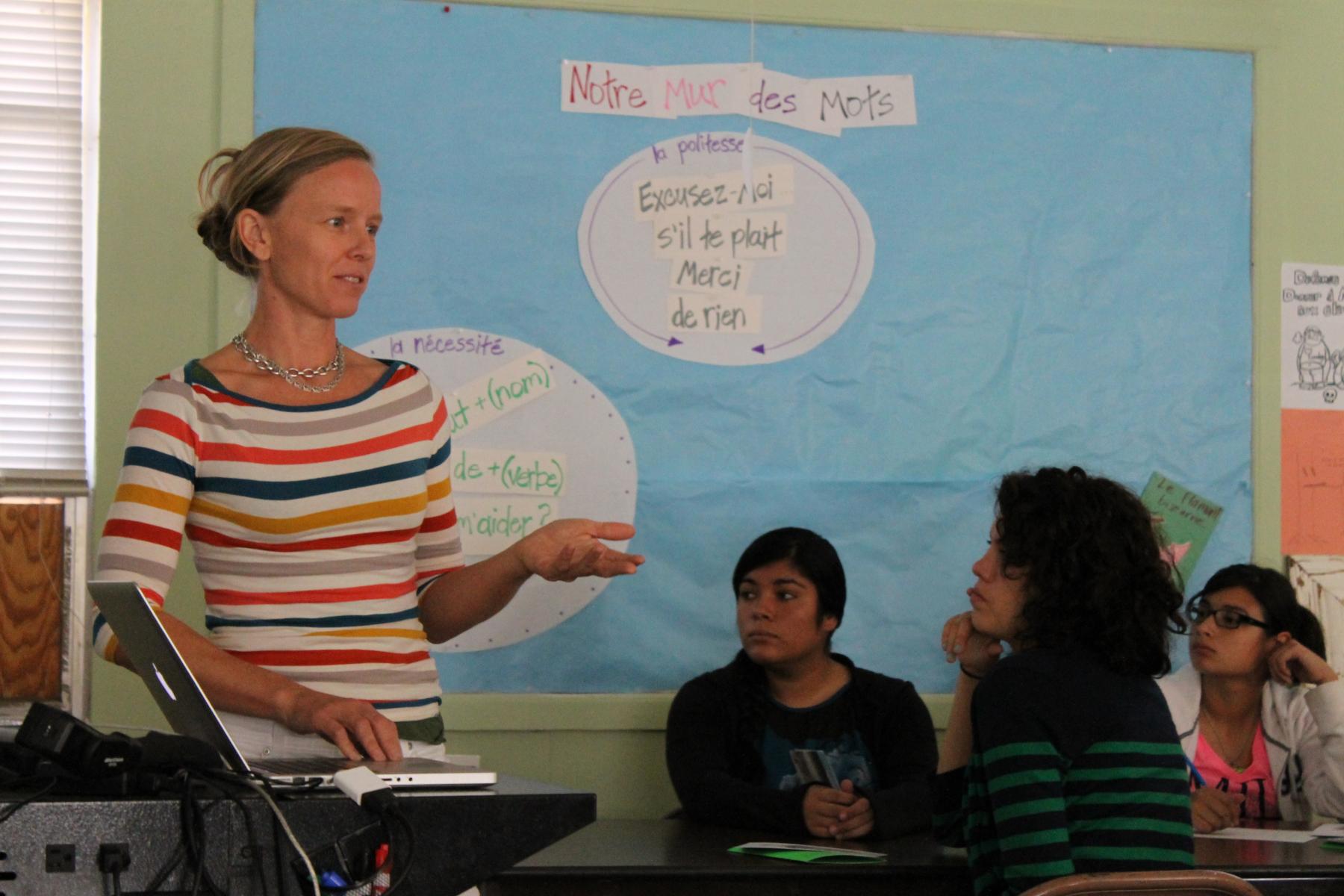 Artist Adriane Colburn speaking to students at Marfa Senior High School, 30 August 2012. Photo by Jessica Brassler.