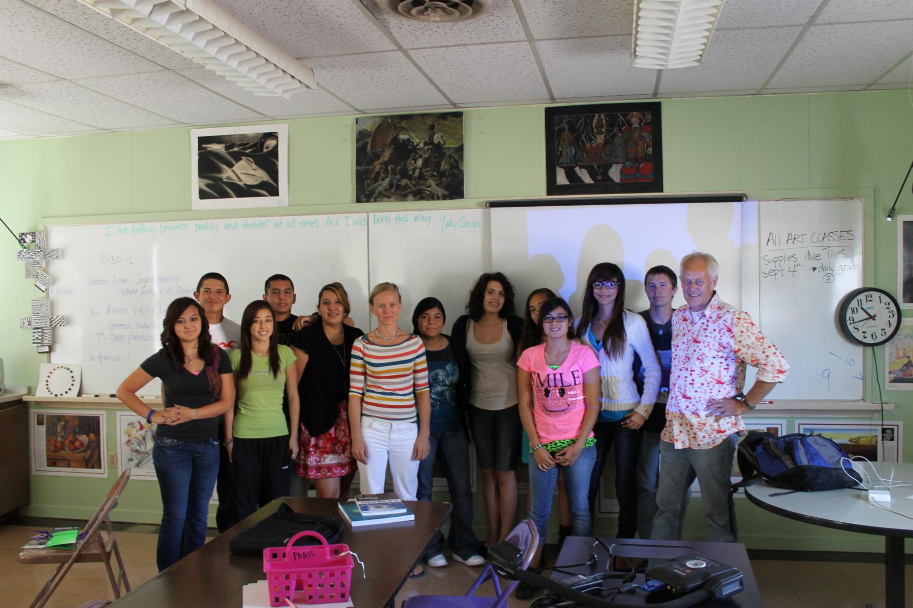 Students at Marfa Sr High School with artists Adriane Colburn and David Buckland, 30 August 2012. Photo by Jessica Brassler.