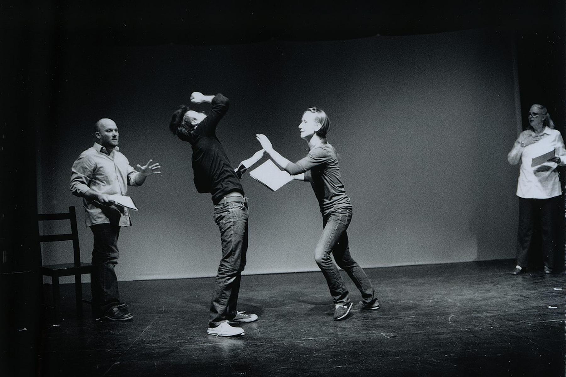 Scene from the reading of The Jumper of Maine featuring actors JP Frank, Drew Wall, Anastasia Munoz, and Ethel Stephens. Photo by Alex Marks.