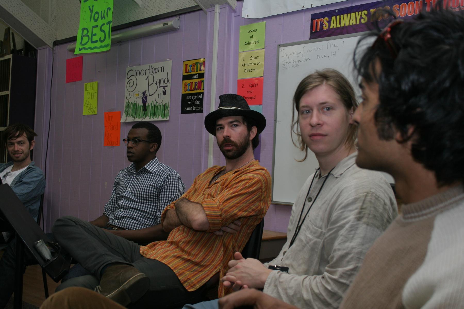 The band Yeasayer talking with students at Marfa High School